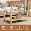 2-Tier Coffee Table Rectangular Center Table with Tempered Glass Tabletop and Storage Shelf