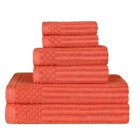 Soho Cotton Ribbed Textured Ultra Absorbent 6 Piece Towel Set (Color: Coral, size: 6 Piece Towel Set)