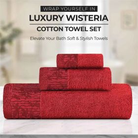 Wisteria Cotton Medium Weight Floral Jacquard Border 6 Piece Towel Set (Color: Garnet, size: 6 Piece Towel Set)