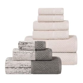 Lodie Cotton Jacquard Solid and Two-Toned 9 Piece Assorted Towel Set (Color: Ivory-Charcoal, size: 9 Piece Towel Set)