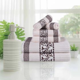 Athens Cotton Medium Weight Floral Greek Key Trim 6 Piece Towel Set (Color: Ivory-Chocolate, size: 6 Piece Towel Set)