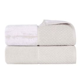 Lodie Cotton Jacquard Solid and Two-Toned Bath Sheet Set of 2 (Color: Stone-White, size: 2 Piece Bath Sheet)