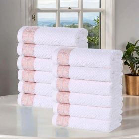 Medallion Cotton Jacquard Textured Face Towels/ Washcloths, Set of 12 (Color: White-Emberglow, size: 12 Piece Face Towels)