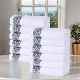 Medallion Cotton Jacquard Textured Face Towels/ Washcloths, Set of 12 (Color: White-Grey, size: 12 Piece Face Towels)