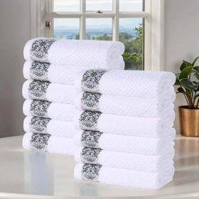 Medallion Cotton Jacquard Textured Face Towels/ Washcloths, Set of 12 (Color: White-Stone, size: 12 Piece Face Towels)