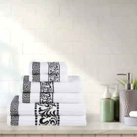 Athens Cotton Medium Weight Floral Greek Key Trim 6 Piece Towel Set (Color: White-Black, size: 6 Piece Towel Set)