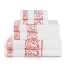 Athens Cotton Medium Weight Floral Greek Key Trim 6 Piece Towel Set (Color: White-Coral, size: 6 Piece Towel Set)