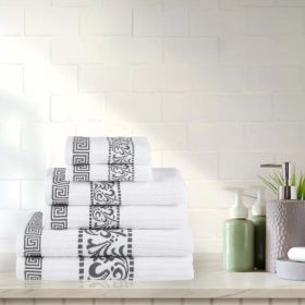 Athens Cotton Medium Weight Floral Greek Key Trim 6 Piece Towel Set (Color: White-Grey, size: 6 Piece Towel Set)