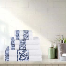 Athens Cotton Medium Weight Floral Greek Key Trim 6 Piece Towel Set (Color: White-Navy Blue, size: 6 Piece Towel Set)