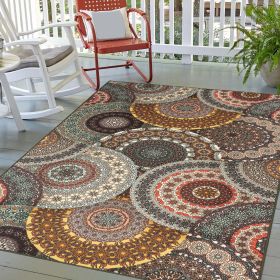 Evaline Medallion Non-Slip Indoor Outdoor Area Rug (Color: Black, size: 6'x9')