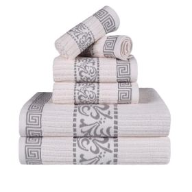 Athens Cotton Medium Weight Floral Greek Key Trim 6 Piece Towel Set (Color: White-Chocolate, size: 6 Piece Towel Set)